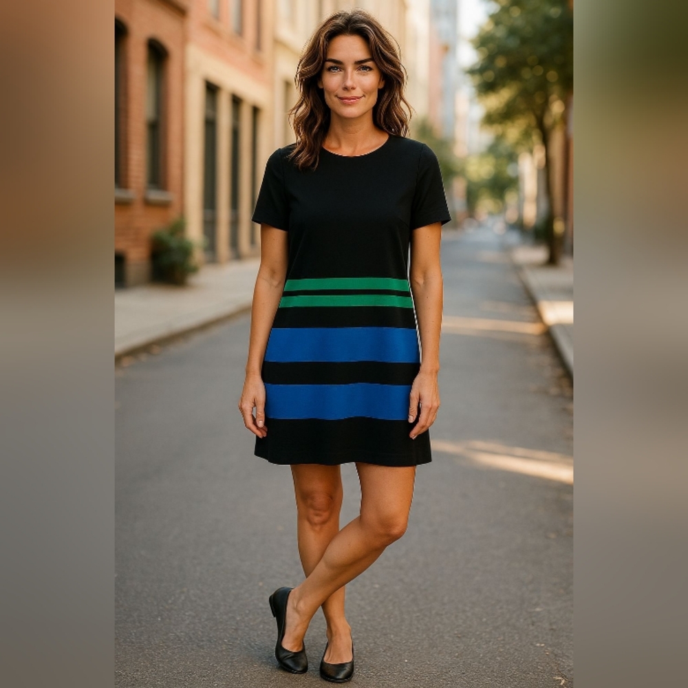LOFT Elegant Black Dress with Blue and Green Stripes